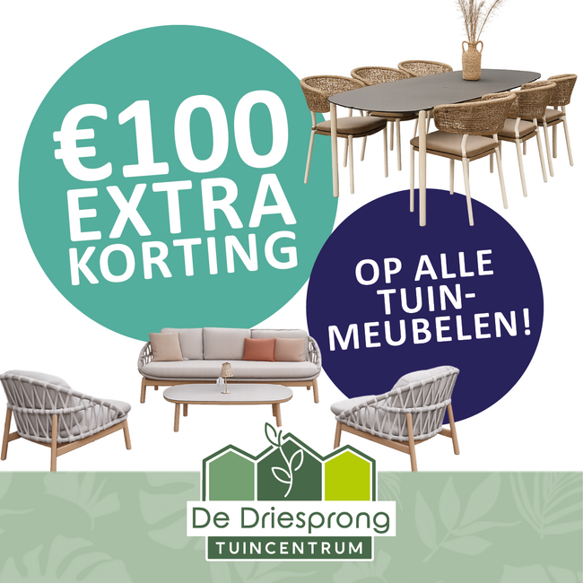 €100,- EXTRA KORTING op alle tuinmeubelen!