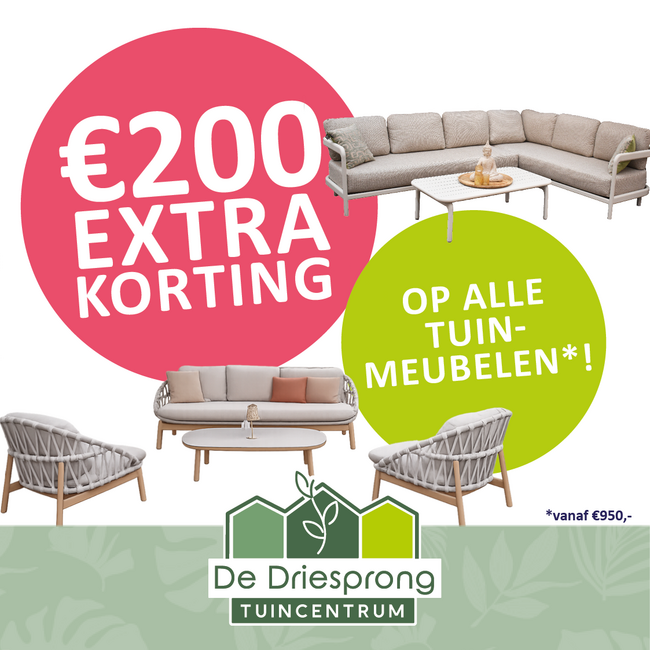 €200,- EXTRA korting op alle tuinmeubelen